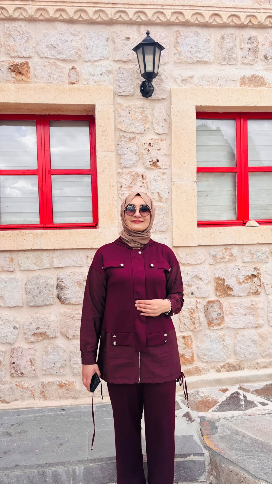 Bordo Paraşüt Detaylı Kapüşonlu Takım